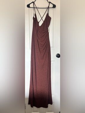 fitted lace wedding dress Berylove Women Brown Maxi Dress with Slit One Shoulder A Line Pleated Wedding Guest Dress, Brown / L main image 1